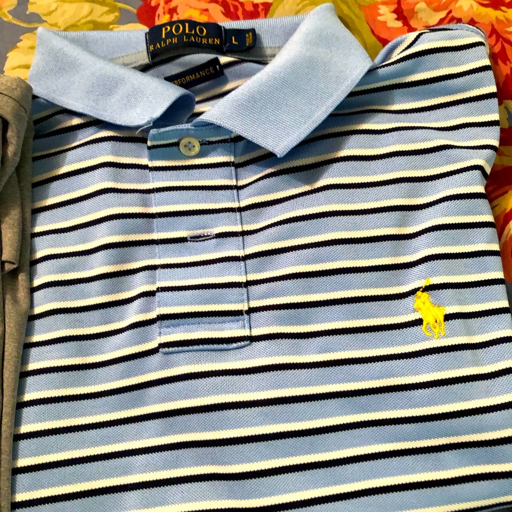 Ralph Lauren Polo’s gently used. Very nice in light blue with dark blue and gray